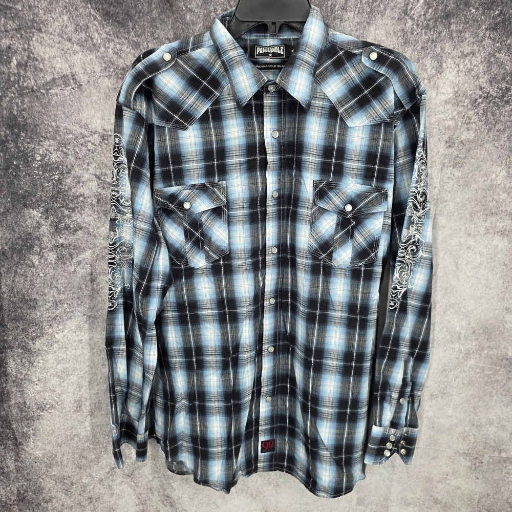 Panhandle Western Shirt Mens XL Plaid Pearl Snap 90 Proof Embroidered Epaulettes